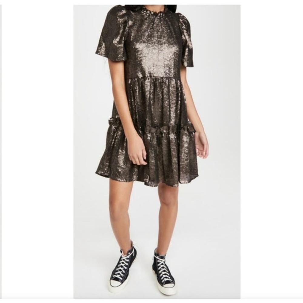 NEW Sea New York Rachelle Bronze Sequin‎ Puff Sleeve Tiered Tunic Dress XS NWT